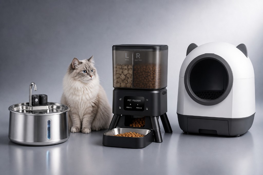 NibbNest Aqua stainless fountain, Feast feeder, and Haven litter box with cat